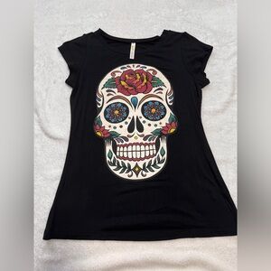 Black T-Shirt with Colorful Skull Design